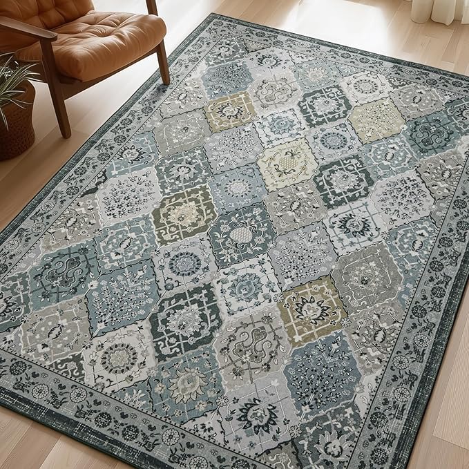 Phantoscope Washable Area Rug 4'x6' Non-Slip, Vintage Boho Rugs for Living Room, Bedroom, Dining Room, Distressed Moroccan Mosaic Diamond Pattern, Low-Pile Foldable Floor Carpet, Grey Charcoal