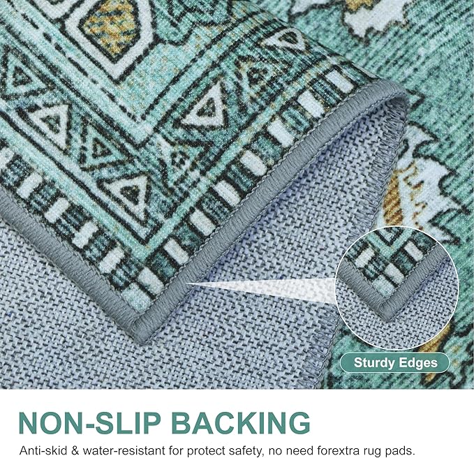 Bavni Washable Rug 8x10 Area Rug for Living Room Bedroom Dining, Washable Vintage Print Carpet, Ultra-Thin Chenille Low Pile Lightweight Rug with Non Slip Backing, Blue/Green