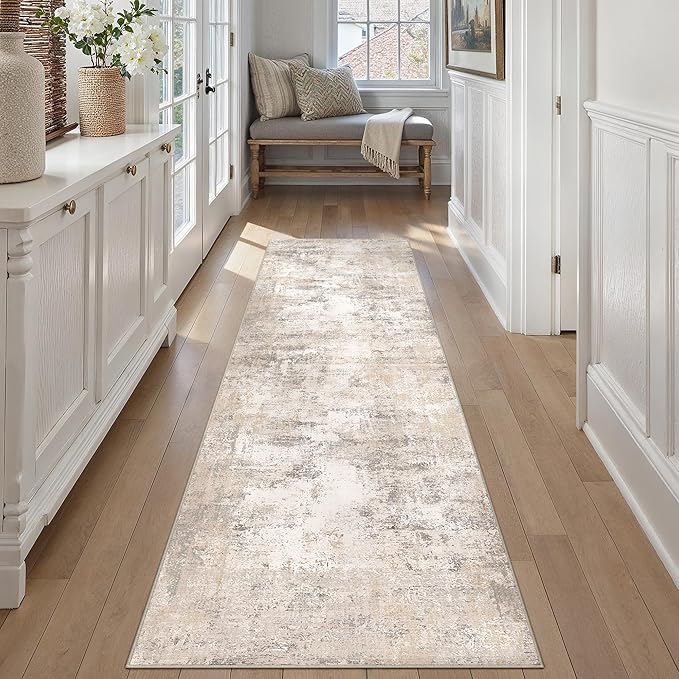 3x8 Washable Runner Rug Beige Grey Abstract Hallway Kitchen Throw Rug Neutral Modern Non Slip Soft Low Pile Carpet for Bathroom Laundry Bedroom Living Room