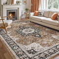 DEXI 9x12 Area Rug for Living Room, Washable Vintage Farmhouse Thin Rug Indoor Floor, Non Slip Stain Resistant Low Pile Carpet for Dining Room Bedroom Office, Brown