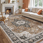 DEXI 9x12 Area Rug for Living Room, Washable Vintage Farmhouse Thin Rug Indoor Floor, Non Slip Stain Resistant Low Pile Carpet for Dining Room Bedroom Office, Brown