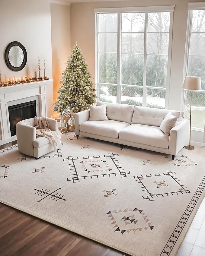 ILANGO Area Rug 8'x10' for Living Room Bedroom Machine Washable Moroccan Boho Rugs for High Traffic Area Non Slip & Non-Shedding Rugs Fade Resistant Carpet for Kitchen Office (Beige)