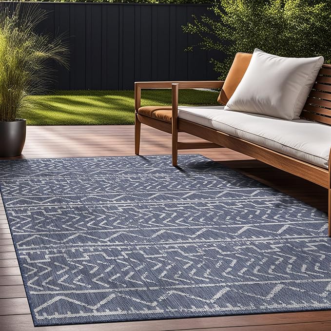Beverly Rug Waikiki Indoor Outdoor Rug 5x7, Washable Outside Carpet for Patio, Deck, Porch, Trellis Area Rug, Water Resistant, Blue - White