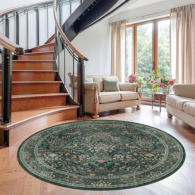 6ft Round Area Rugs for Living Room, Washable Floral Circle Rug Non Slip Low Pile, Vintage Boho Botanical Birds Throw Carpet for Farmhouse, Bedroom, Dining Room, Retro Green/Blue
