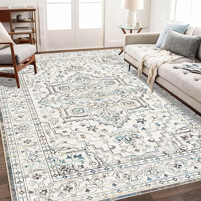 Enkor Area Soft Rugs 5x7 Washable Non Slip Boho Floor Rugs for Living Room Bedroom, Vintage Style Farmhouse Mat for Kitchen Entryway White & Grey