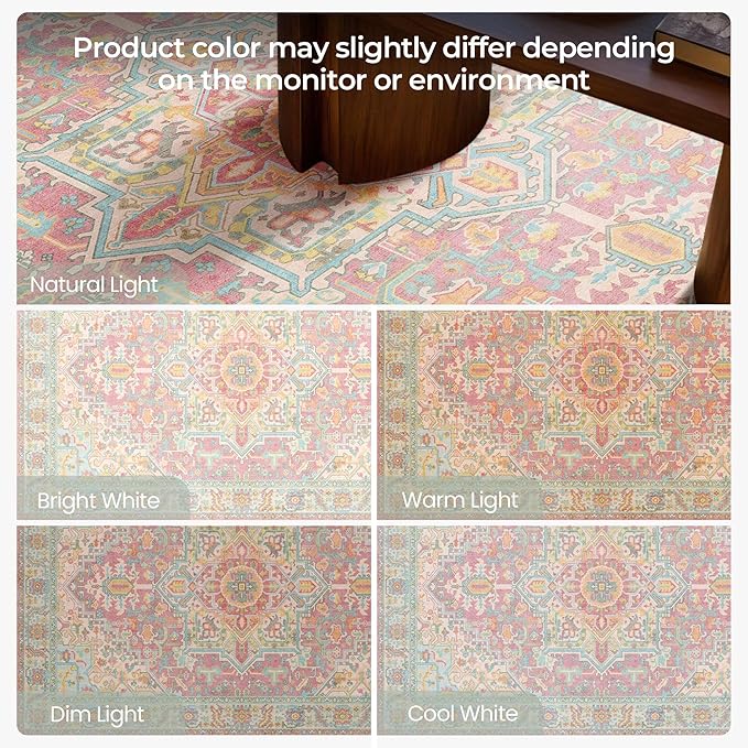 Kokia 9x12 Washable Area Rugs Blossom Pink with Vintage Orient Design, Soft Rug for Living Room or Bedroom, Non-Slip Low Pile Stain Resistance Features, Distressed Medallion Pattern