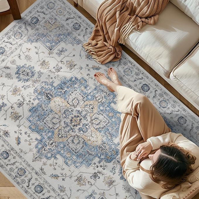 jinchan Area Rug 5x7 Vintage Washable Bedroom Rug Floral Medallion Lightweight Non Slip Thin Retro Classic Soft Boho Floor Cover Farmhouse Carpet for Living Room Dining Room Kitchen Blue