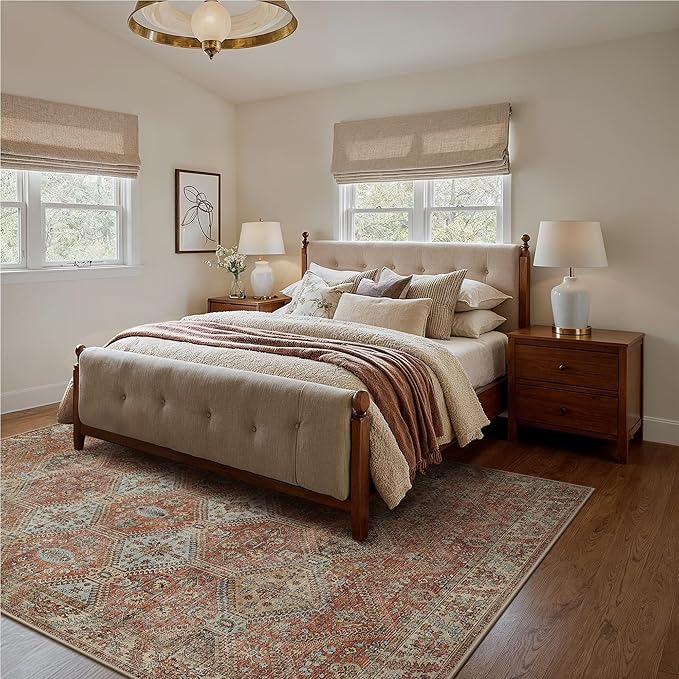 Bavni 8x10 Area Rugs for Living Room, Machine Washable Rug Non Slip, Vintage Chenille Distressed Print Carpet, Large Low Pile Ultra-Thin Lightweight Rugs for Bedroom, Dining Room, Office, Spice Sky