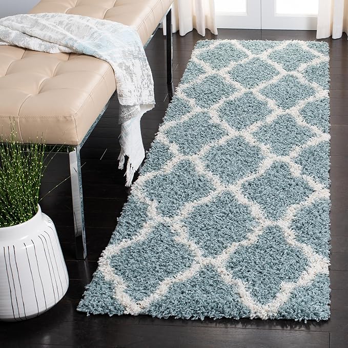 SAFAVIEH Dallas Shag Collection Runner Rug - 2'3" x 16', Seafoam & Ivory, Trellis Design, Non-Shedding & Easy Care, 1.5-inch Thick Ideal for High Traffic Areas in Living Room, Bedroom (SGD257C)