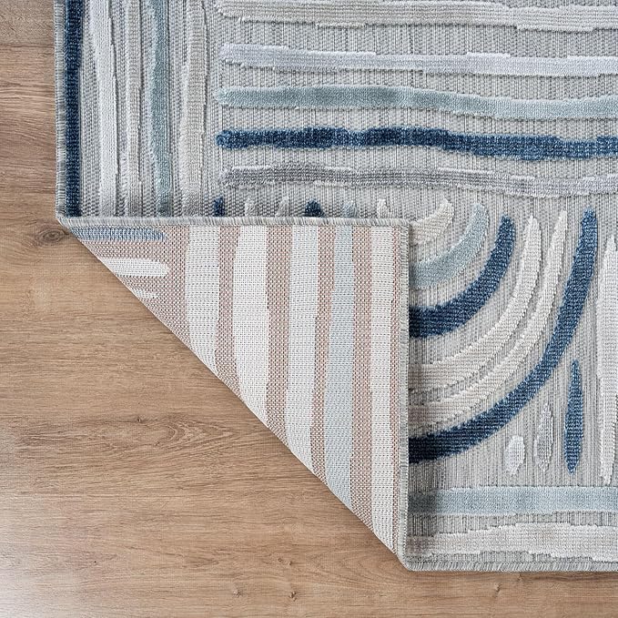 CAMILSON Indoor Outdoor Rug, Blue 6x9 Geometric Arch Striped Area Rugs for Patio and Home Areas, Easy-Cleaning Non-Shedding Living Room, Garden and Deck Washable Outside Carpet (6 x 9)