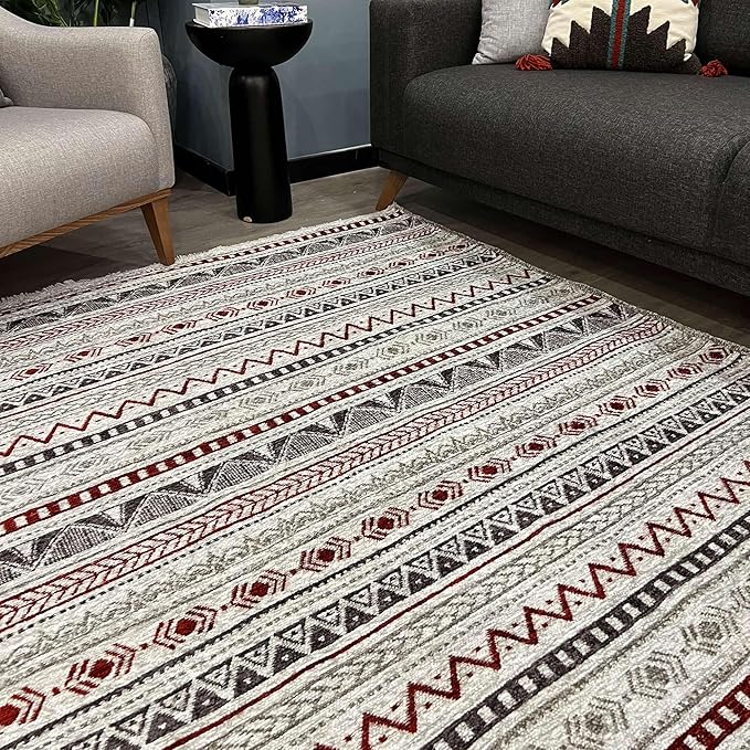 Alfa Rich 7x10 Red Burgundy White Gray Washable Area Rugs for Living Room Bedroom Kitchen Cotton Rug