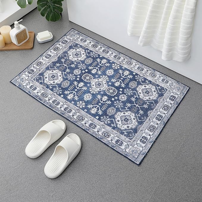 VK VK·LIVING Entryway Washable Rug 2'x3' Small Boho Bathroom Throw Area Rug Non Slip Doormat Indoor Front Door Machine Washable Carpet for Bathroom Kitchen Vintage (Navy)