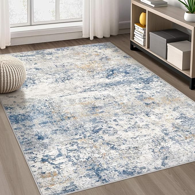 Area Rug Living Room Rugs - 7x9 Abstract Large Soft Indoor Washable Rug Neutral Modern Low Pile Carpet for Bedroom Dining Room Farmhouse Home Office - Blue