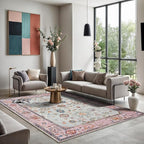GLN Rugs Traditional Collection - Machine Washable Area Rug, Traditional Washable, Non Slip, Low Pile Chenille Rug, Living Room, Bedroom, Kitchen Rug (6' x 9' Pink/Blue/Multicolor)
