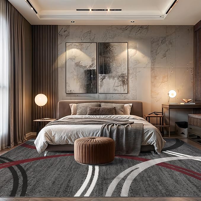 Rugshop Modern Wavy Circles Design Non-Shedding Area Rug, Carpet for Living Room, Dining Room, or Bedroom, Red, 7'10" x 10'2"