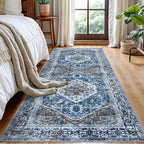 KOZYFLY Runners for Hallways 3x8 Ft Washable Kitchen Runner Rug Boho Runner Rug for Entryway Indoor Blue Printed Oriental Faux Wool Floor Carpet Runner for Bedroom Kitchen Hall