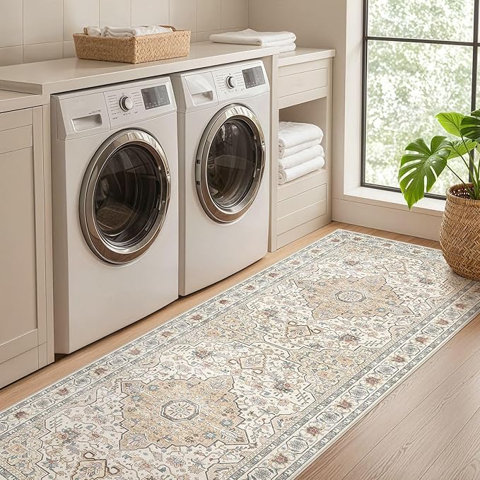 Runner Rug Kitchen Washable Rugs: 2x6 Non-Slip Boho Soft Vintage Stain Resistant Indoor Floor Neutral Farmhouse Throw Carpet for Hallway Bathroom Laundry Room Entryway Bedroom- Cream