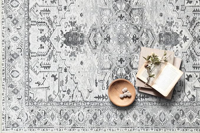 Fame Living Faded Oushak Rug, Turkish Vintage Floral Pastel Large Oversized Area Rugs for Living Room Dining Bedroom Kitchen Bathroom Nursery (848CrNv, 2' x 3')
