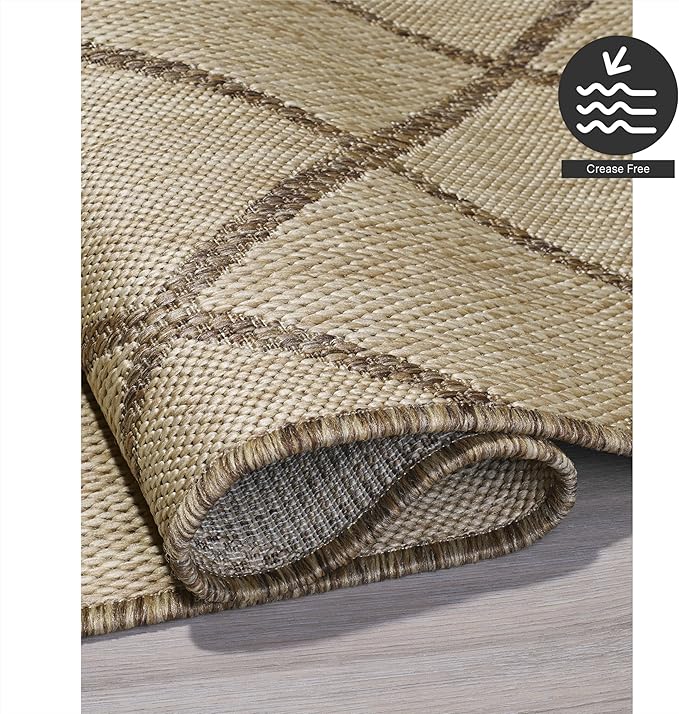FH Home Flat Woven Outdoor Rug - Waterproof, Easy to Clean, Stain Resistant - Premium Polypropylene Yarn - Moroccan Geo Lattice - Patio,Deck,Porch,Balcony,Laundry - Tunis - Sand - 3ft 11 in x 5ft 6in