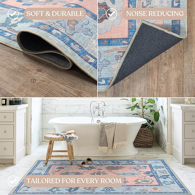 Fame Living Modern Oushak Rug, Vintage, Turkish, Eclectic, Floral, Pastel, Washable, Large Area Rugs for Living Room, Dining, Bedroom, Girls, Boys, 7'5"x9'8"