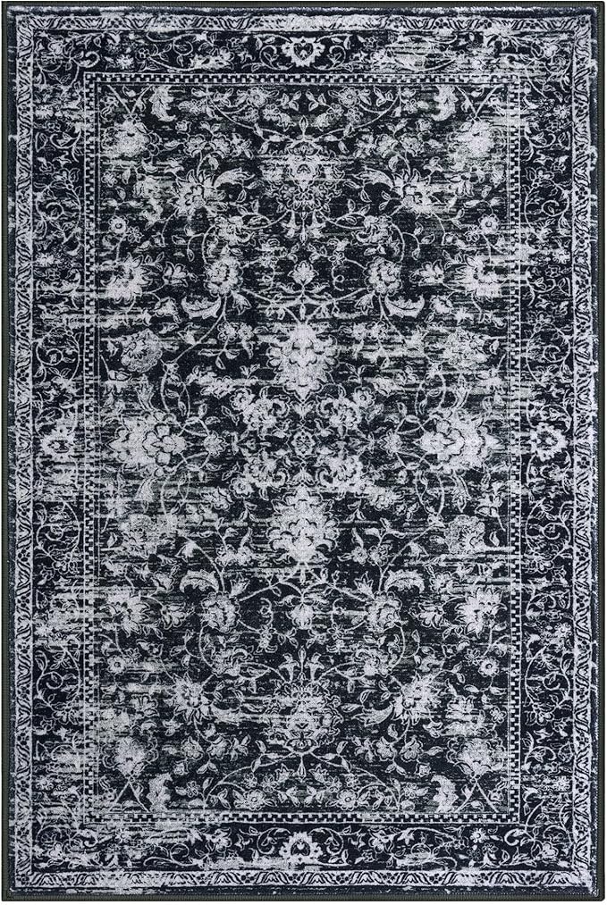 KILOCOCO Small Area Rug 2x3 Entryway Rugs Printed Vintage Moroccan Floral Washable Rug Non-Slip Kitchen Rug Indoor Door Mat, Accent Throw Small Rugs for Laundry Room Bedroom Entrance, Black/Navy/White