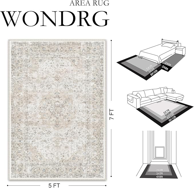 3x5 Washable Vintage Area Rug for Living Room Bedroom Beige Grey Soft Tranditional Non Slip Thin Throw Rug Lightweight Floral Low Pile Distressed Carpet Entrance Laundry Room Playroom