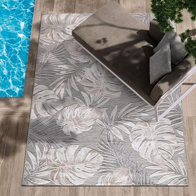 CAMILSON Indoor Outdoor Rug, Beige 10’x14’ Leaf Tropical Botanical Area Rugs for Indoor and Outdoor patios, Easy-Cleaning Non-Shedding Living Room, Garden and Kitchen Washable Outside Carpet (10x14)