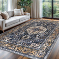 KOZYFLY Boho Area Rug 6x9 Ft Thin Rugs for Living Room Washable Bedroom Rug Non Slip Rugs for Living Room Gold Navy Printed Faux Wool Vintage Bedroom Rug Floor Carpet for Dining Room
