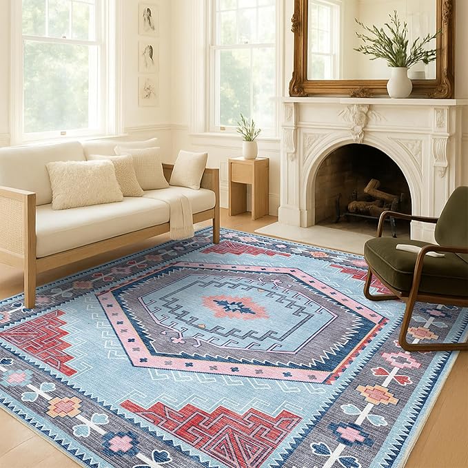 Fame Living Washable Area Rug. Modern Farmhouse. Vintage. Turkish. Bohemian. Distressed. Oriental. Traditional. Rugs for Living Room. Dining. Bedroom. Office. Entryway. Foyer. (856BlM, 5' x 6'9")