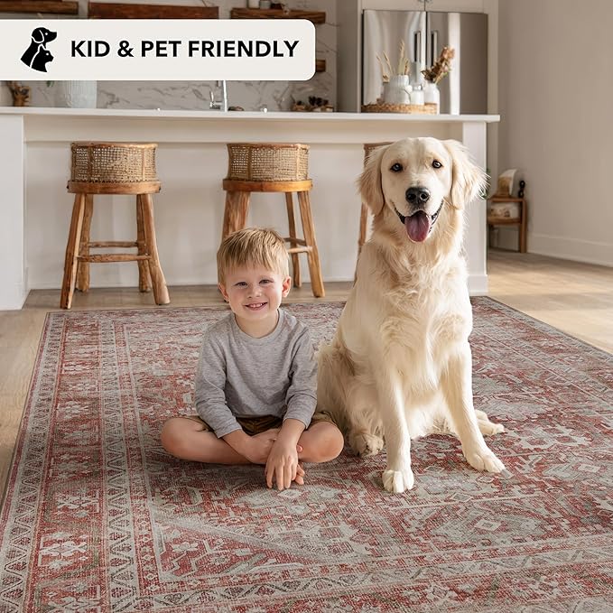 Kuden 5x7 Area Rug, Machine Washable Area Rug with Non-Slip Backing, Vintage Style, Soft, Easy Clean, Low Pile Rug for Living Room, Bedroom, Dining Room