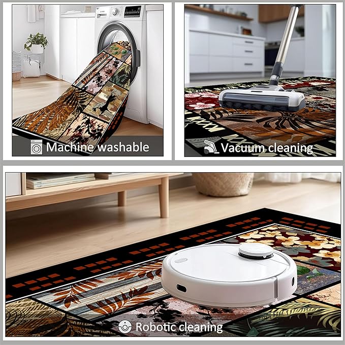 Rustic Cabin Area Rug 4x6ft, Animal & Moroccan Plaid Pattern Vintage Boho Carpet, Stain-Resistant Pet-Friendly & Non-Slip Low Pile for Living Room, Bedroom, Dining Room