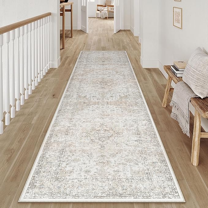 2x8 Washable Vintage Runner Rug for Living Room Bedroom Beige Grey Soft Tranditional Non Slip Runner Rug Lightweight Floral Low Pile Distressed Runner Kitchen Hallway Bedroom