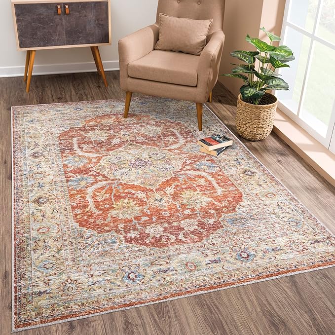 Bloom Rugs Washable Non-Slip 2x3 Rug - Orange/Olive Beige Traditional Oriental Area Rug for Living Room, Bedroom, Dining Room, and Kitchen - Exact Size: 2' x 3'