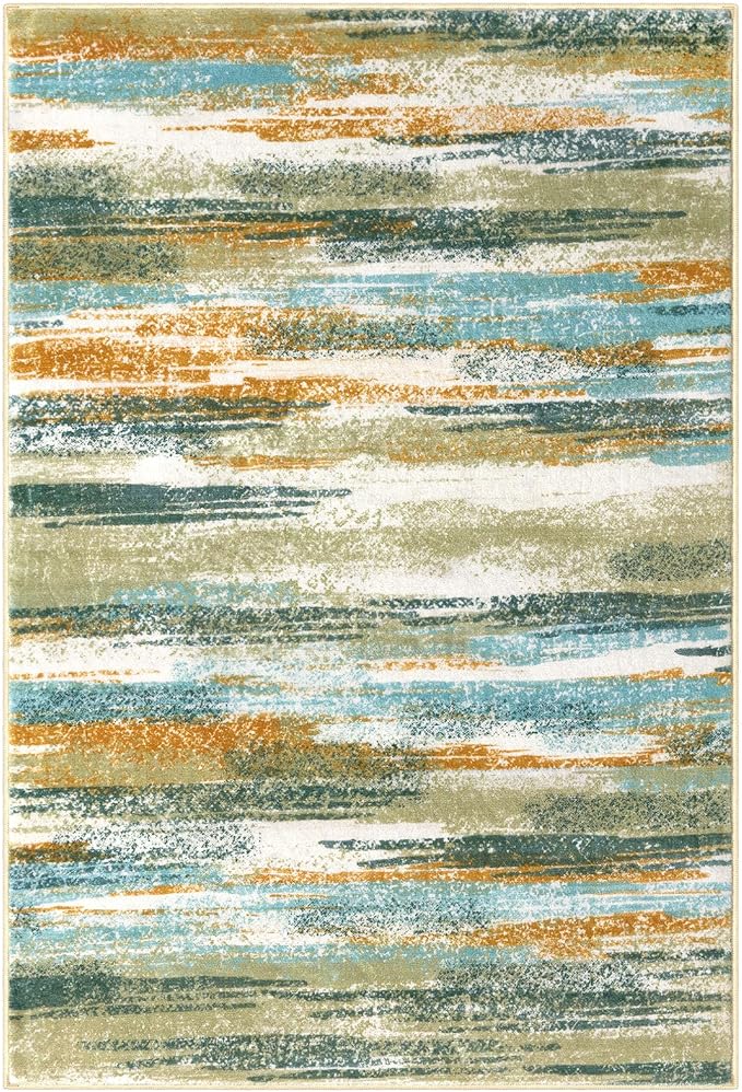 Modern Abstract Small Area Rug Indoor 3x5 Washable Rug Non-Slip Soft Entryway Rug Green Mustard Multi Kitchen Mats Thin Print Faux Wool Floor Carpet Throw Rugs for Entrance Bedroom Home Decor