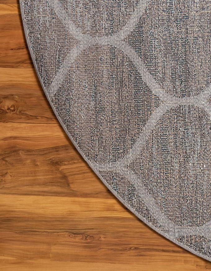 Rugs.com Lattice Frieze Collection Rug – 4' Round Blue Multi Medium Rug Perfect for Kitchens, Dining Rooms