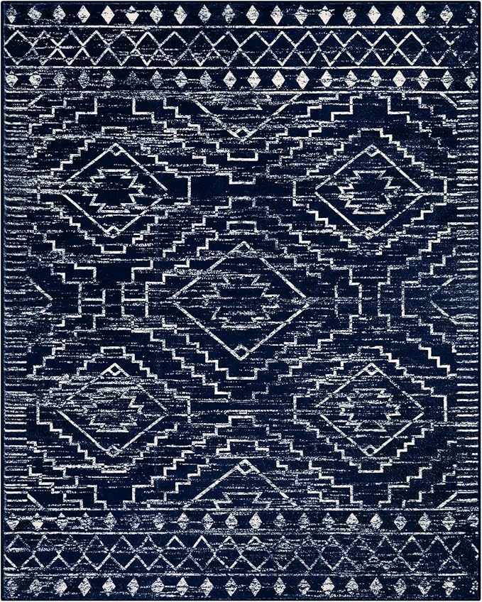 Wonnitar Moroccan 8x10 Rug Living Room Area Rugs, Washable Blue Bedroom Rug, Non-Slip Large Soft Non-Shedding Ultra-Thin Farmhouse Boho Throw Carpet for Dining Table Office Mudroom (Blue,8'x10')