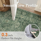 8x10 Washable Area Rug for Living Room Bedroom Green Vintage Distressed Rustic Large Carpet Non-Slip Low Pile Lightweight Vacuumable Soft Throw Rug for Indoor Dining Room