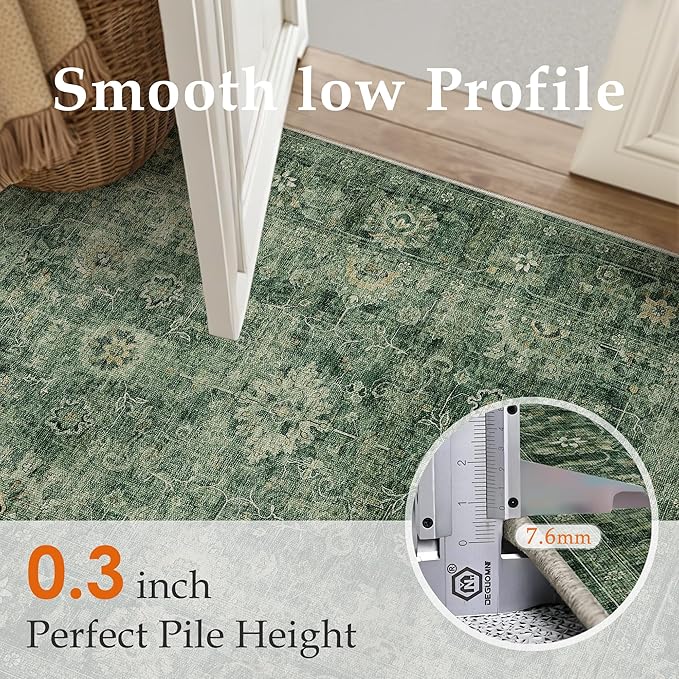 6x9 Washable Area Rug for Living Room Bedroom Green Vintage Distressed Rustic Carpet Non-Slip Low Pile Lightweight Vacuumable Soft Throw Rug for Indoor Dining Room Office