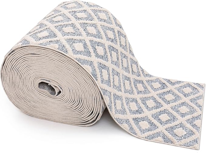 Well Woven Custom Size Runner - Choose Your Length - Ainsley Blue Diamond Trellis Geometric Tribal - 31 Inches Wide x 23 Feet Long Runner (31" x 23' Runner) Rug