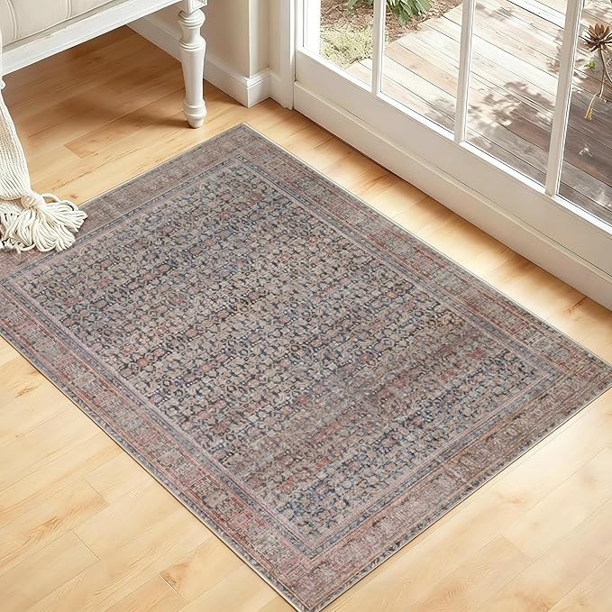 Kuden 3x5 Small Rug, Machine Washable, Non-Slip Backing, Vintage Style, Soft, Low Pile, Area Rugs for Entryway Kitchen Indoor Entrance