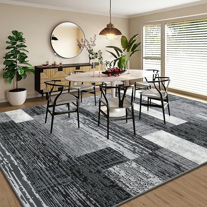 Large Area Rugs,Modern Geometric Patchwork Floor Decor for Bedroom Aesthetic Carpet, Rockwood Collection, Indoor Rugs for Living Room, Dining Room, Nursery, Office, Machine Washable Rug,9x12 Ft Grey