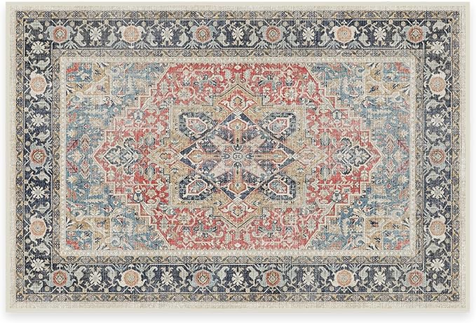 RUGGABLE Washable Vintage Area Rug – Kamran Cayenne Red 2x3, Stain-Resistant, Non-Slip – Small Machine Washable Rugs for Living Room, Bedroom, Hallway, Entryway & Bathroom–with Cushioned Pad