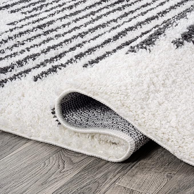 JONATHAN Y Elm Diamond Stripe Shag White/Gray Indoor Area Rug, 8x10, Geometric, Bohemian, Contemporary, Easy-Cleaning for Living Room, Bedroom, Kitchen, Pet Friendly, Non-Shedding (MOH408A-8)
