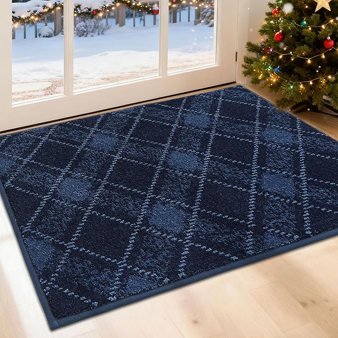 COSY HOMEER Plaid Door Mat 24" x 36",Dirt Trapper Entryway Rugs,Non-Slip Washable Farmhouse Doormat,Low Profile Welcome Mats for Paws Navy Blue