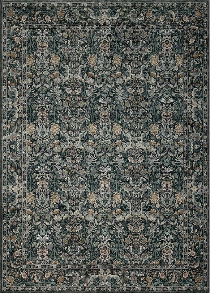 Washable Living Room Rug: 6x9 Boho Floral Soft Area Rug for Bedroom Decor - Vintage Low Pile Thin Carpet for Dining Room Non-Slip - Farmhouse Stain Resistant Rugs - Dark Green