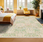 Light Beige Green Botanical Living Room Rug, 7x10 Washable Area Rug for Kids Room, Bedroom, Nursery Room, Living Room, Dining Room, Low Pile Non-Slip - Vintage Design & Fade Resistance
