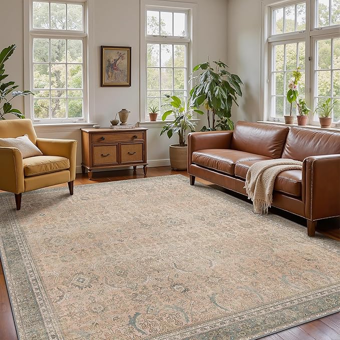 8x10 Area Rug Machine Washable Boho Rug for Living Room,Ultra-Thin Low Pile Carpet,Lightweight Indoor Printed Rug,Non Slip Floral Area Rug for Bedroom, Dining Room, Home Office,Light Beige
