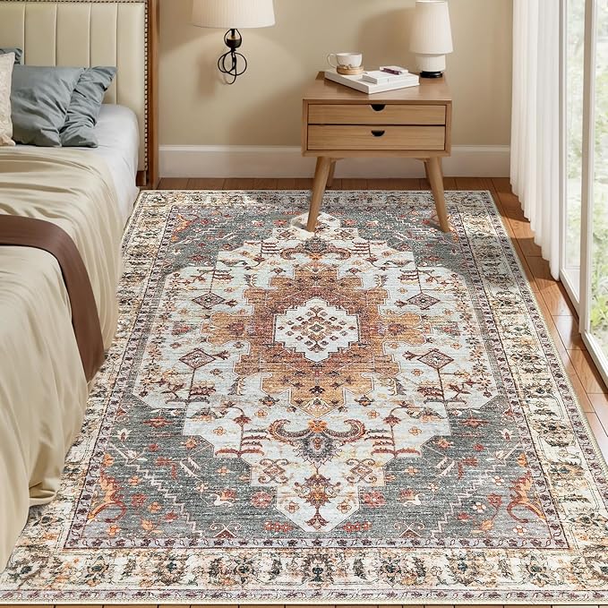 Tangsoo Area Rug 3x5 Bedroom Rug, Washable Vintage Rugs Indoor, Non Slip Accent, Print Distressed Turmeric Carpet, Soft Low Pile Rug for Living Room Dorm Bedroom Bedside Entryway Bathroom