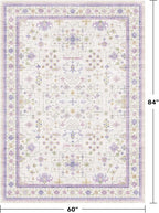 5x7 Light Purple Area Rug for Girls Bedroom, Living Room, Nursery, Non Slip Washable Area Rugs, Lavender and Cream with Green Accent, Low Pile Foldable Carpet