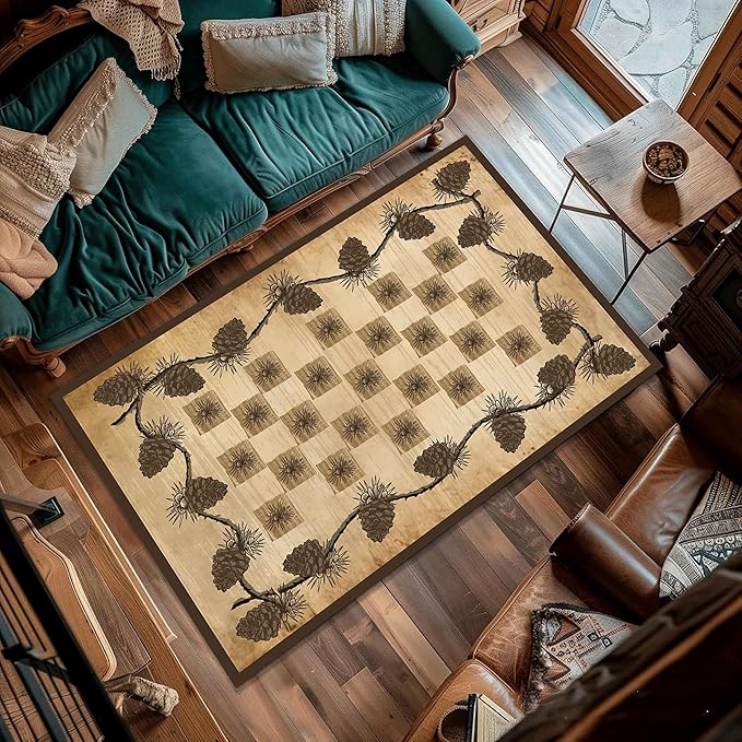 Vintage Plaid Area Rug 5x6ft Rustic Cabin Pine Cone Branches Lattice Pattern Rug Country Lodge Nature Plants Rugs, Soft Floor Rug Non-Skid Carpets for Living Room Farmhouse Indoor Floor Mat